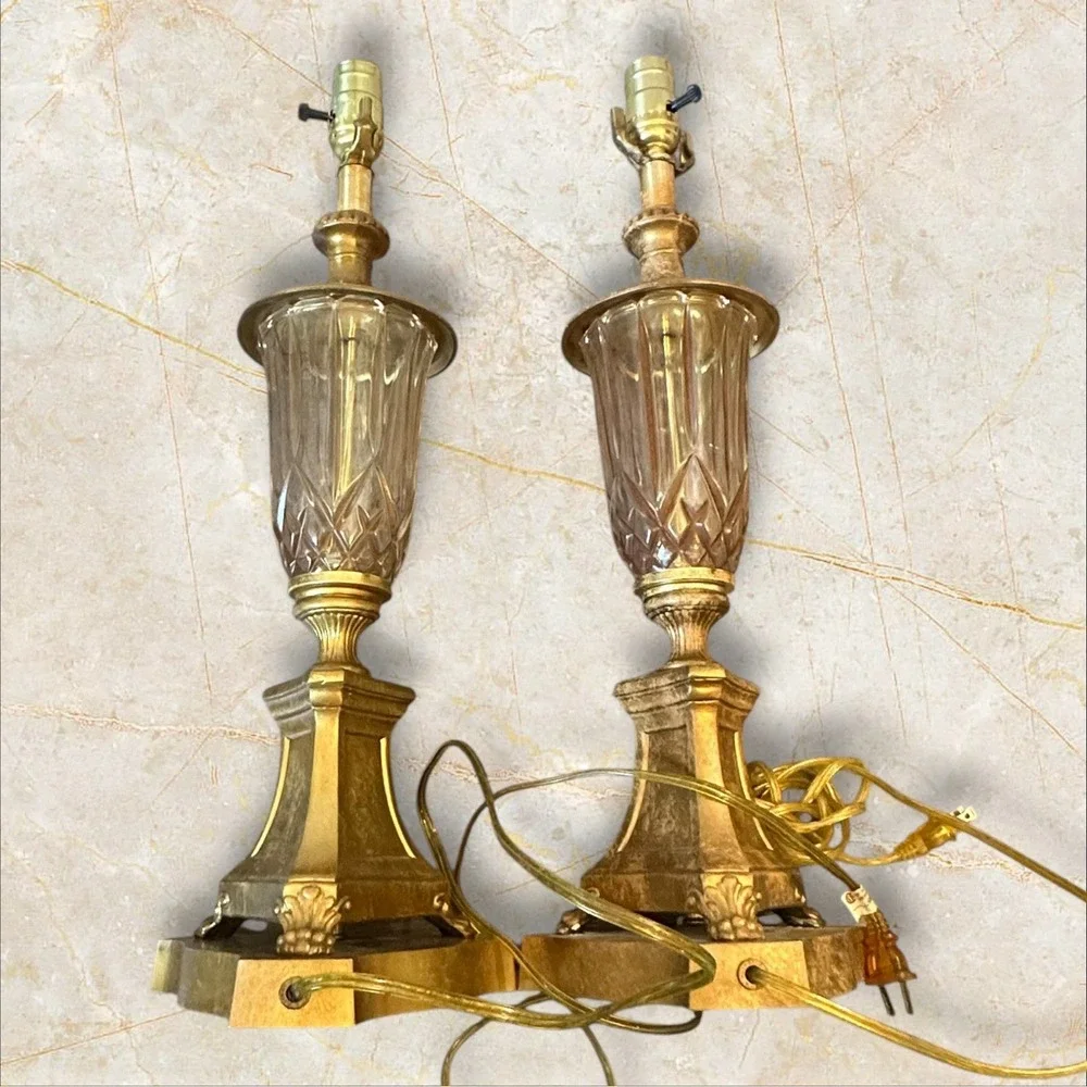 Coordinating Vintage Hollywood Regency‎ Gold Cut Glass Table Lamps 22